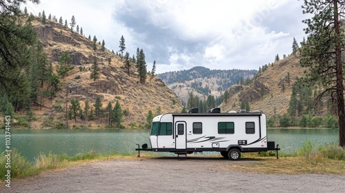 A serene lakeside scene featuring a parked camper trailer surrounded by picturesque mountains and lush greenery.