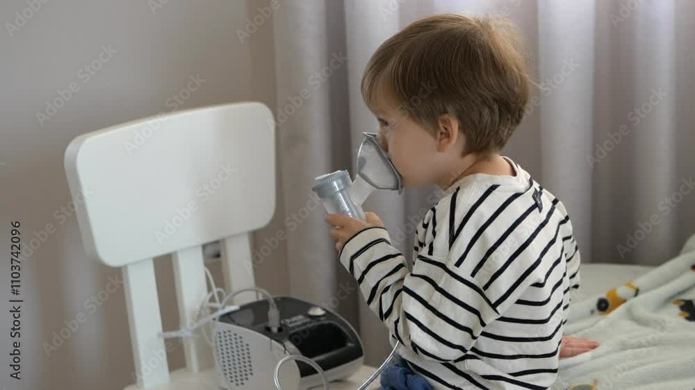 Child Receiving Nebulizer Treatment. Little boy using a handheld nebulizer on a sofa in a cozy home setting. Boy sits near compressor nebulizer, focusing on his breathing treatment Child Receiving Nebulizer Treatment. Little boy using a handheld nebulizer on a sofa in a cozy home setting. Boy sits near compressor nebulizer, focusing on his breathing treatment