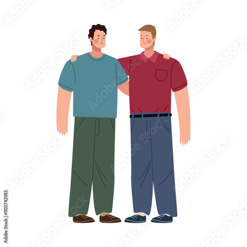 smiling men hugging characters