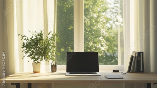 Sunny Workspace Illustration: Laptop, Plants, and Books by Window