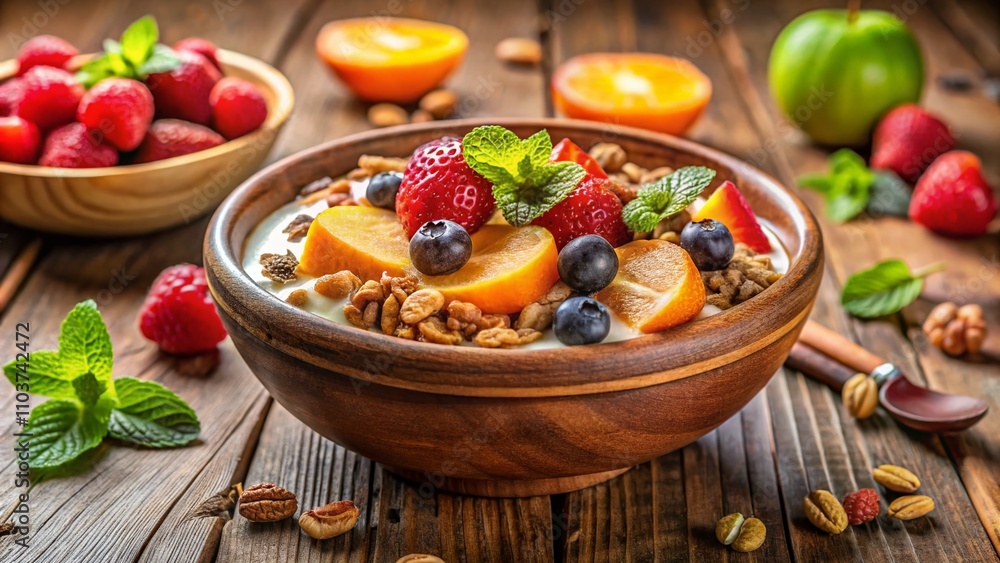 Nutritious Yogurt Granola Bowl with Fresh Fruits and Bokeh Effect for a Healthy Breakfast Delight - Perfectly Styled for Food Photography and Wellness Inspiration Nutritious Yogurt Granola Bowl with Fresh Fruits and Bokeh Effect for a Healthy Breakfast Delight - Perfectly Styled for Food Photography and Wellness Inspiration