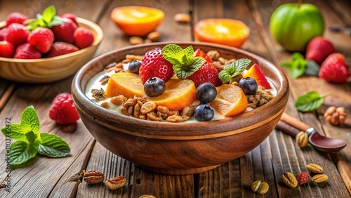 Nutritious Yogurt Granola Bowl with Fresh Fruits and Bokeh Effect for a Healthy Breakfast Delight - Perfectly Styled for Food Photography and Wellness Inspiration