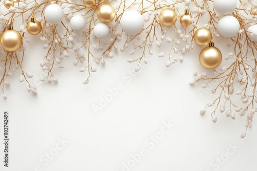 Cute Christmas garland with golden branches and white balls on a beige-colored paper background, minimalist style.