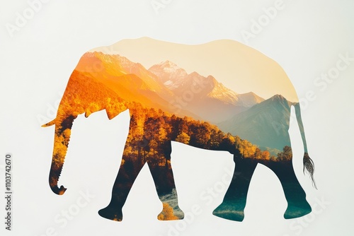 Stunning Double Exposure of an Elephant Silhouette Filled with Mountain Landscape at Sunset | Wildlife and Nature Art Photography photo