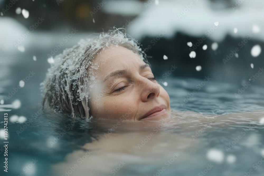 Fototapeta premium Generative AI image of a serene woman enjoying a winter resort spa