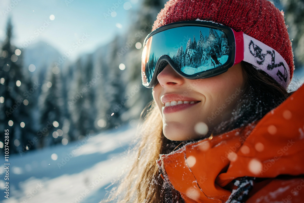 Generative AI: Happy woman enjoying winter resort vacation with snowy mountains Generative AI: Happy woman enjoying winter resort vacation with snowy mountains