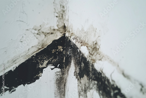 Black mold on the room wall. Fungus growth on a damp surface. Green mildew stains on the concrete after water damage. photo