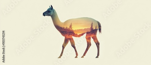 Stunning Double Exposure of a Llama Silhouette with Sunset Landscape - Nature Photography, Creative Art, Animal Imagery for Your Projects photo