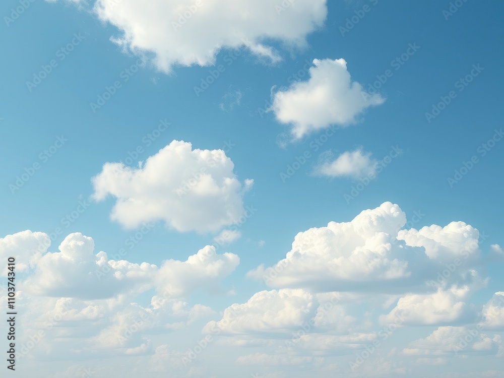 Fototapeta premium A bright blue sky with fluffy white clouds that are gently drifting lazily across the sky, soft, wispy