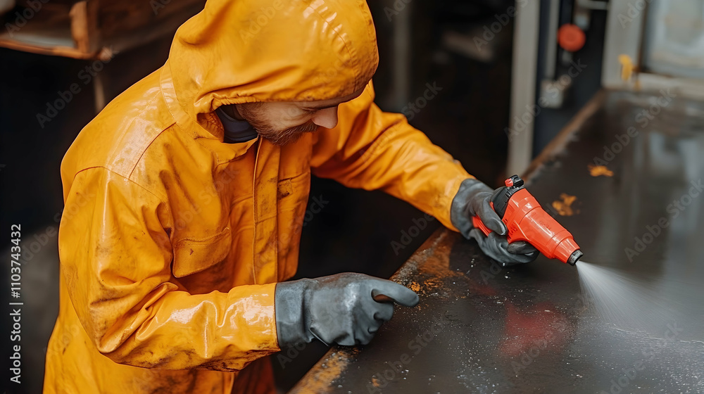 Worker in Yellow Protective Suit Cleans Metal Surface with Spray Tool Worker in Yellow Protective Suit Cleans Metal Surface with Spray Tool