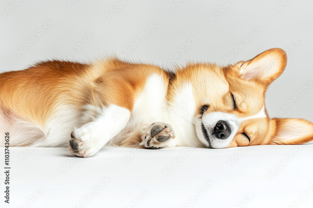 Portrait of sleep corgi dog isolated on white background, Selective focus sweet dream dog lay down on the floor on white. Portrait of sleep corgi dog isolated on white background, Selective focus sweet dream dog lay down on the floor on white.
