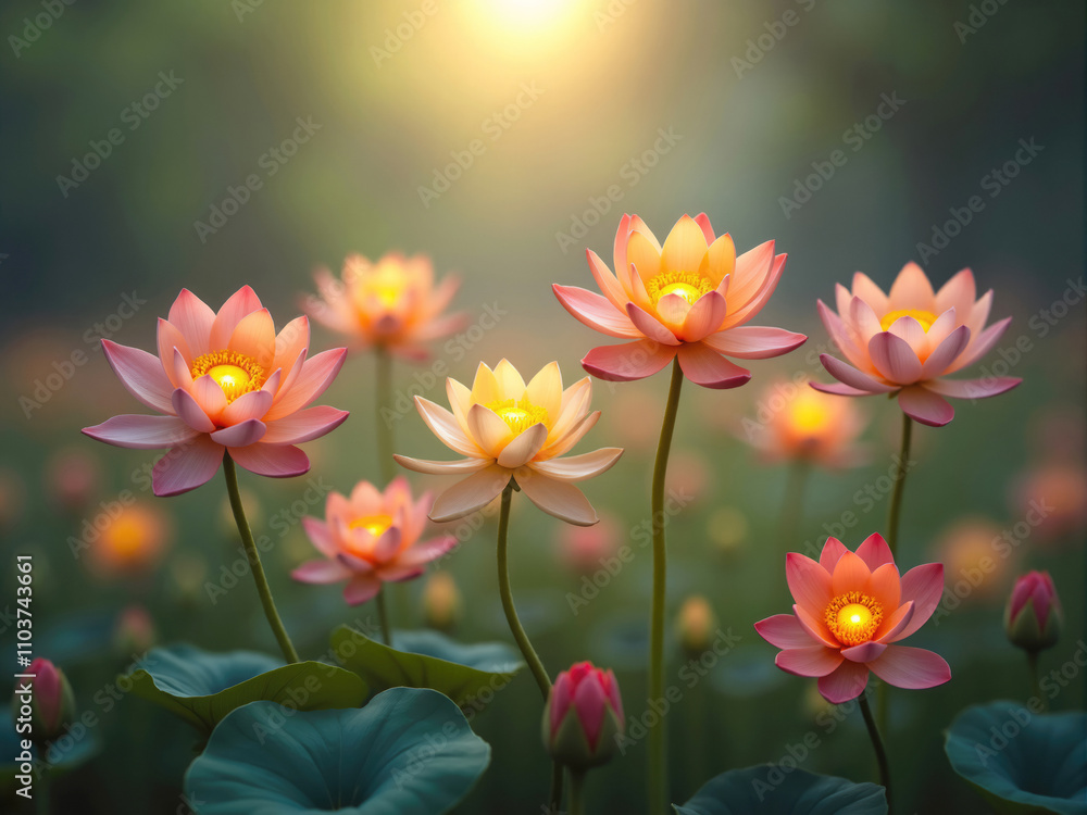 Pink lotus flowers blooming in the sunlight at sunset Pink lotus flowers blooming in the sunlight at sunset