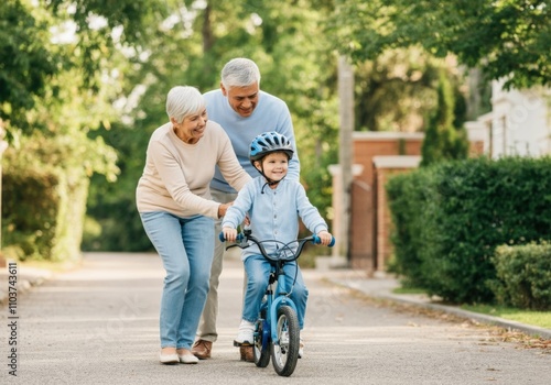 Grandparents Helping Grandchild Ride a Bike