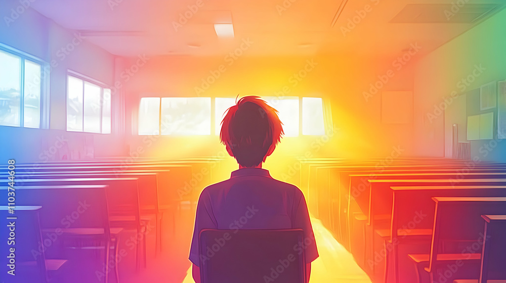 Youthful Figure in a Colorful Classroom, A Vibrant Illustration of Hope and New Beginnings, Reflecting on the Future with Warm Light. Youthful Figure in a Colorful Classroom, A Vibrant Illustration of Hope and New Beginnings, Reflecting on the Future with Warm Light.