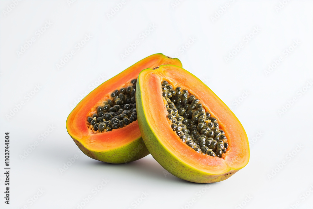 Selective focus fresh ripe orange papaya with black seed isolated on white background, Cut section juicy papaya on white. Selective focus fresh ripe orange papaya with black seed isolated on white background, Cut section juicy papaya on white.