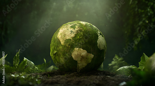 3D globe designed with leaf veins, symbolizing environmental awareness and sustainability. lush greenery and earthy tones evoke sense of harmony with nature photo