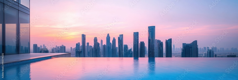 Fototapeta premium A serene skyline view at dusk, featuring a shimmering infinity pool with vibrant colors reflecting off the water and modern skyscrapers in the background.