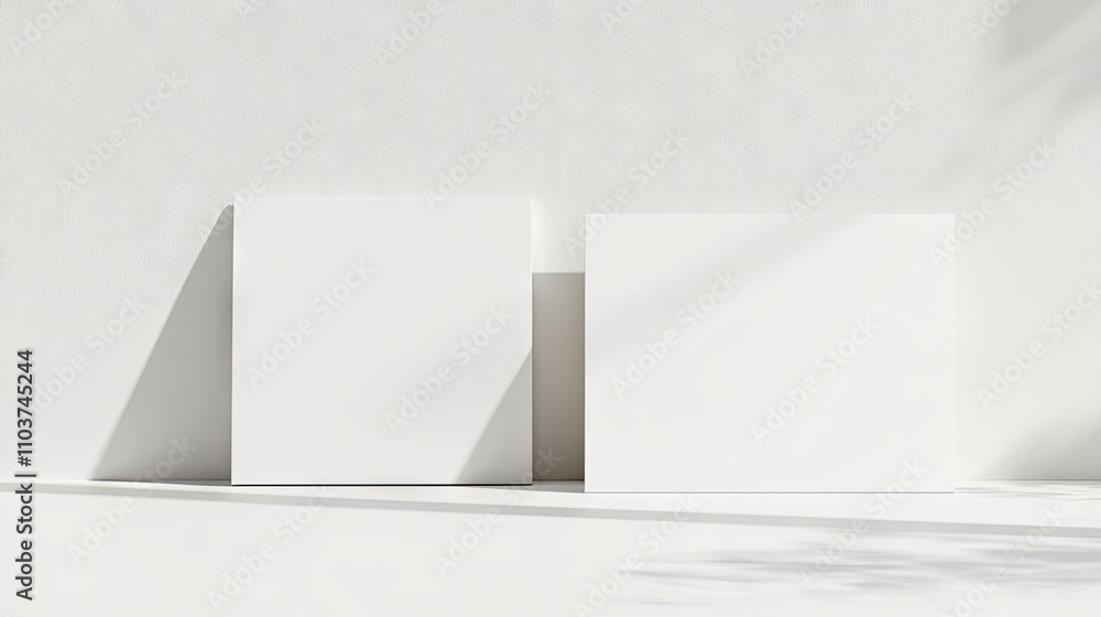 Fototapeta premium Blank white horizontal rectangular A4 poster and business card mockup on a clean background, ideal for displaying your designs with ample photo style copy space.