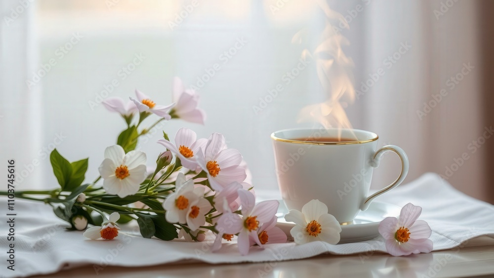 Elegant Morning Coffee Set with Fresh White Blossoms, Perfect for Relaxation and Home Decor Elegant Morning Coffee Set with Fresh White Blossoms, Perfect for Relaxation and Home Decor