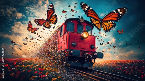 Witness a train journey through flower fields, transforming into butterflies - symbolizing growth and new possibilities.  photo