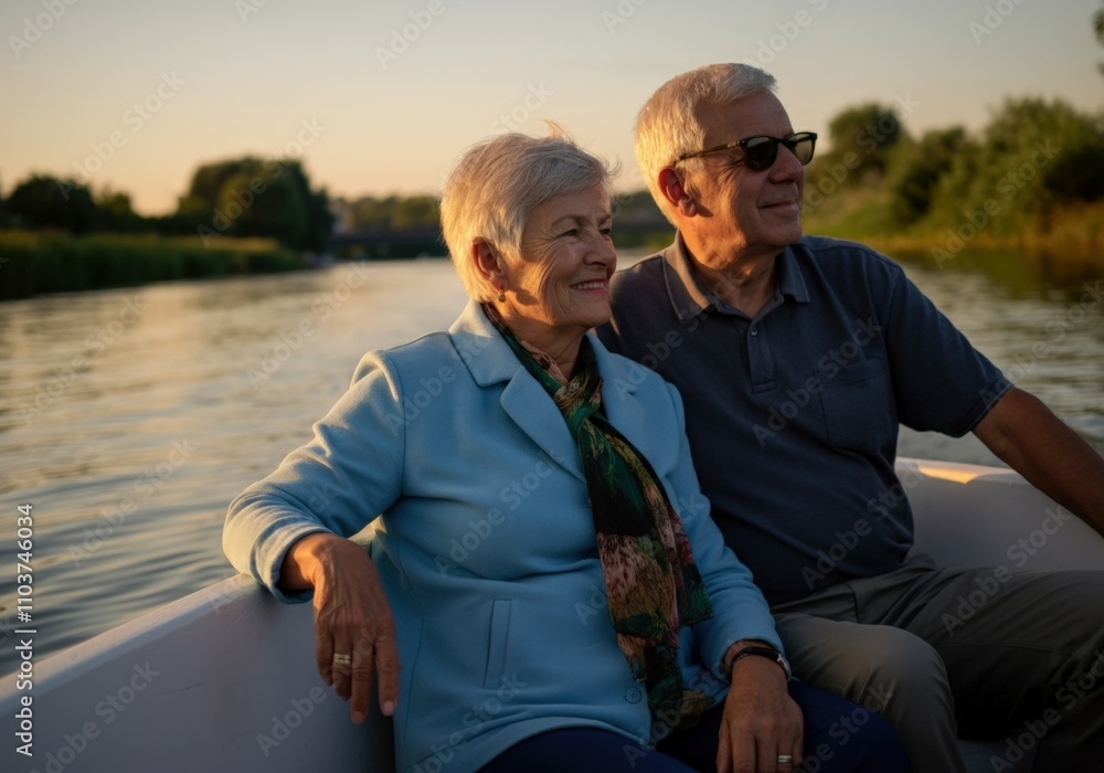 Senior Couple Enjoying a Sunset Boat Ride Senior Couple Enjoying a Sunset Boat Ride