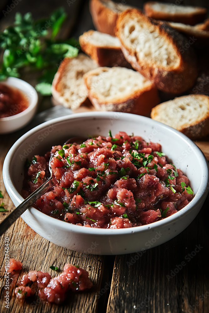 bowl of finely chopped meat with herbs, served with slices of bread. This rustic dish showcases blend of flavors and textures, perfect for hearty meal bowl of finely chopped meat with herbs, served with slices of bread. This rustic dish showcases blend of flavors and textures, perfect for hearty meal