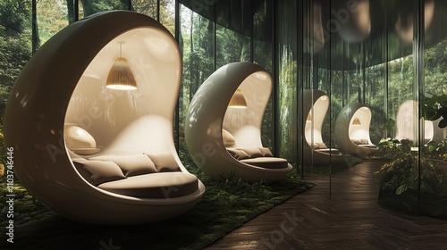 A tranquil space designed with individual meditation pods shaped like oversized, smooth mushrooms. photo