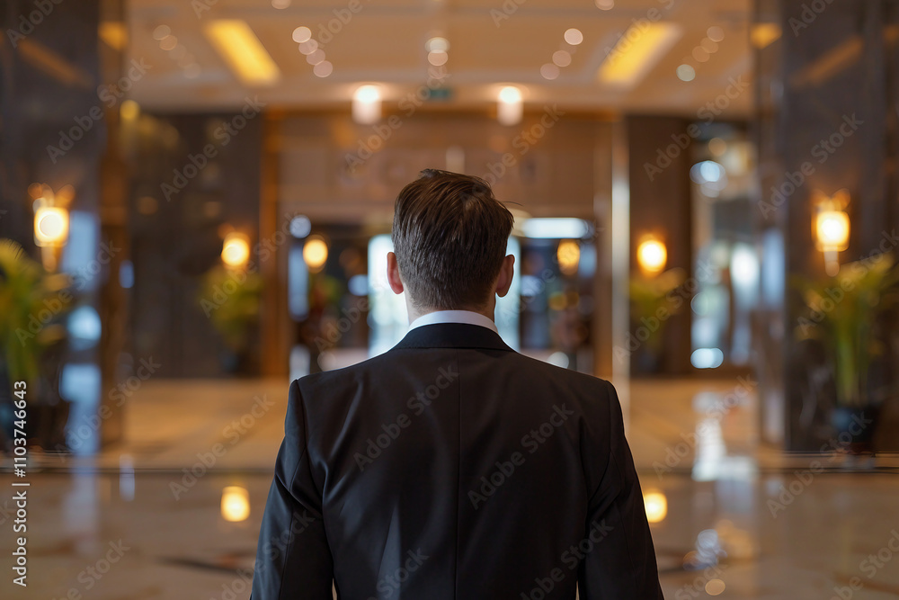 Generative AI Image of a Bearded Male Traveler Arriving at Hotel Corridor with Backpack Generative AI Image of a Bearded Male Traveler Arriving at Hotel Corridor with Backpack