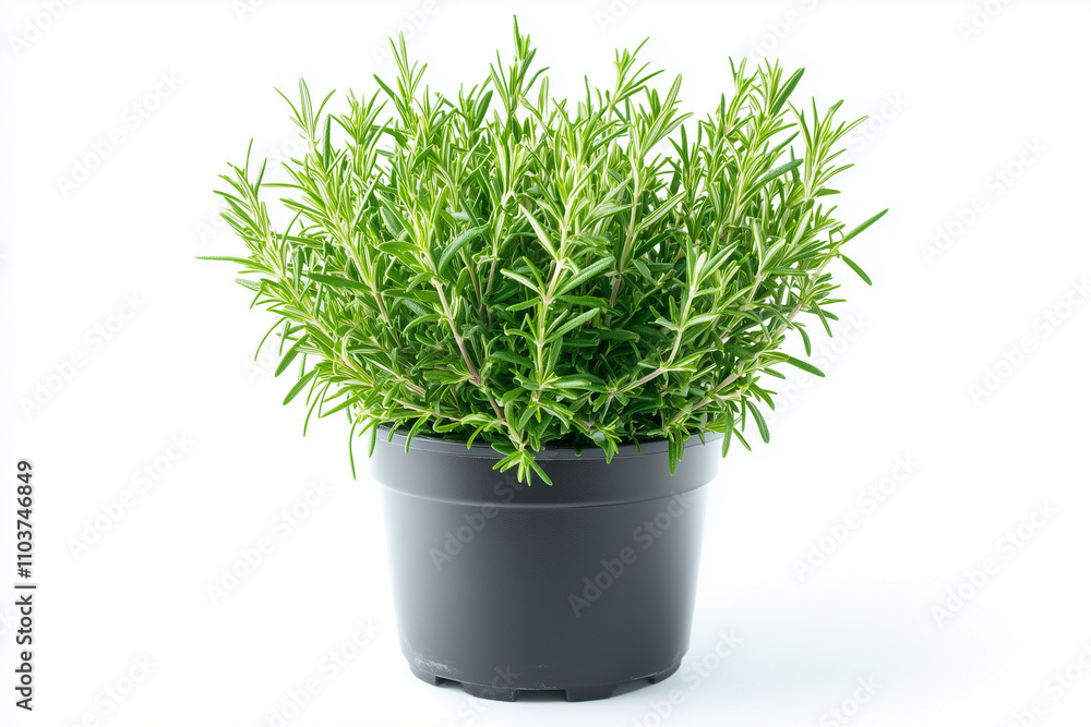 Selective focus rosemary in gardening pot isolated on white background, Aromatic herb for steak in pot, Spice green leaf in flower pot. Selective focus rosemary in gardening pot isolated on white background, Aromatic herb for steak in pot, Spice green leaf in flower pot.