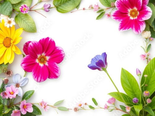 A beautiful border frame of springtime flowers with a vibrant floral background, colorful, botany