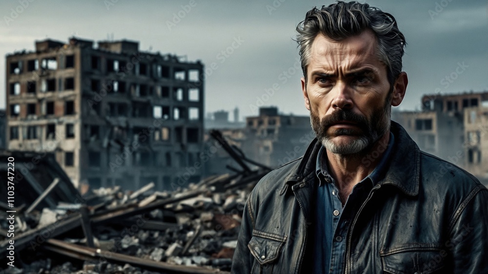 Determined Man Amidst Post-Apocalyptic Ruins Determined Man Amidst Post-Apocalyptic Ruins