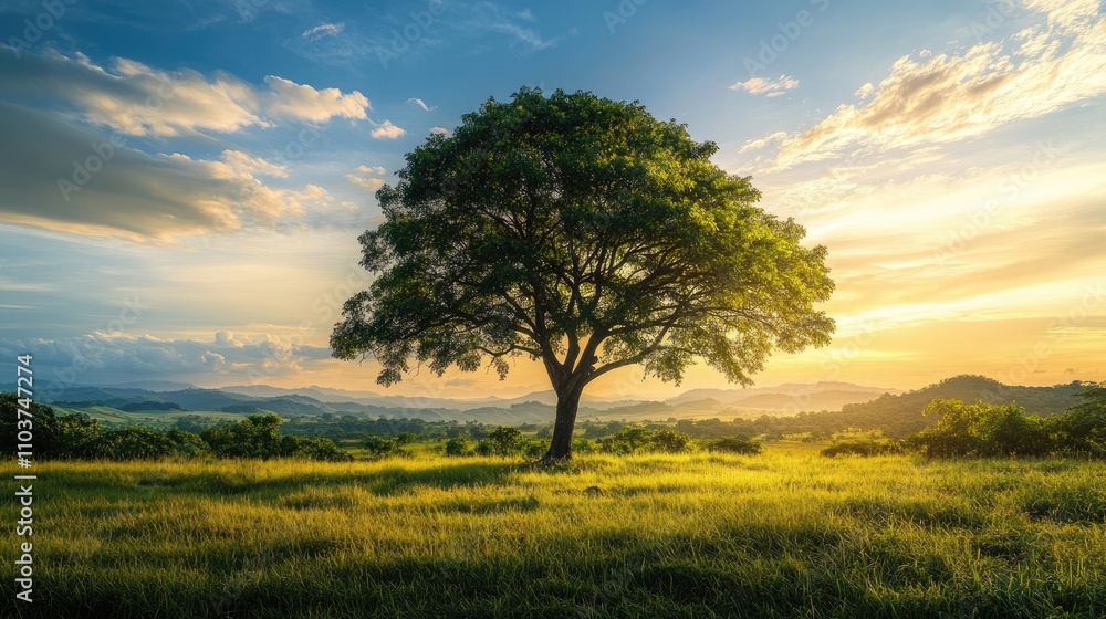 A healthy green tree silhouette stands out against a vibrant, lush landscape, creating a striking image of natures beauty with ample copy space for designs. A healthy green tree silhouette stands out against a vibrant, lush landscape, creating a striking image of natures beauty with ample copy space for designs.