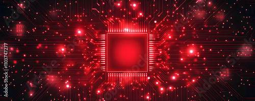 Red Illuminated Circuit Board Showing Central Processor