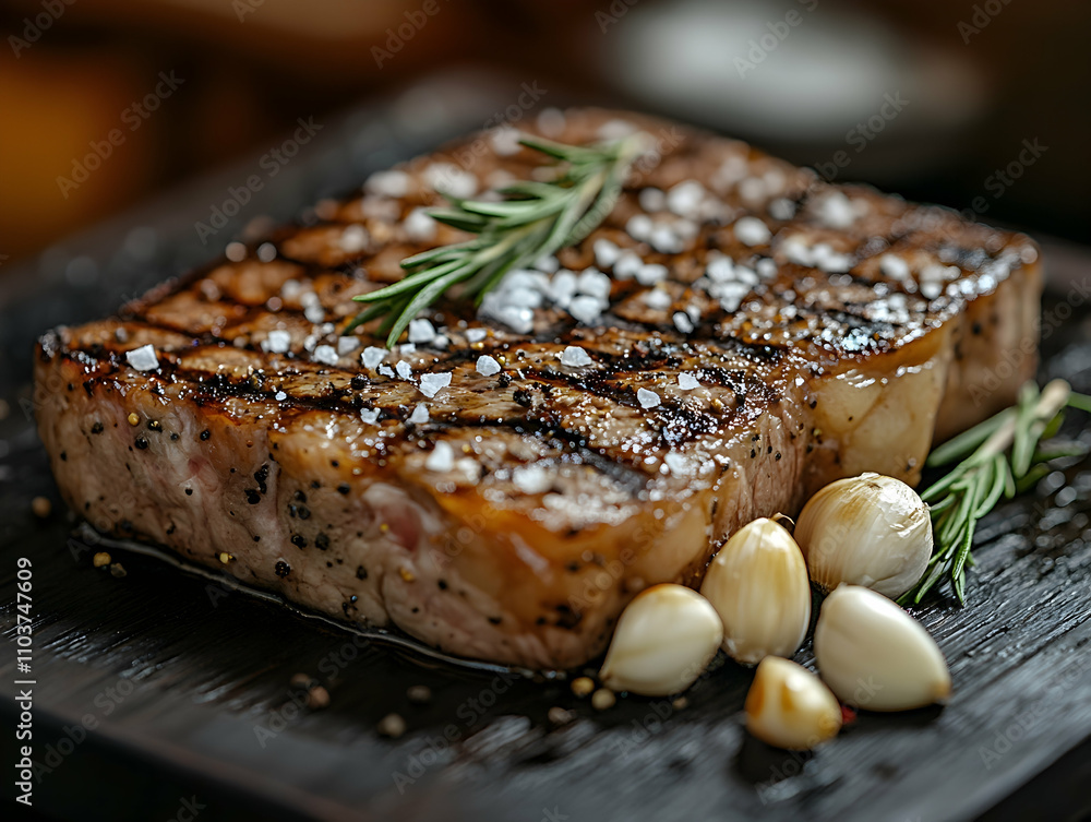 Grilled steak with rosemary, garlic, and salt on a dark wooden board. Grilled steak with rosemary, garlic, and salt on a dark wooden board.