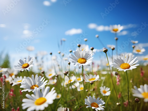 Spring meadow filled with daisies under a blue sky and soft focus background photo