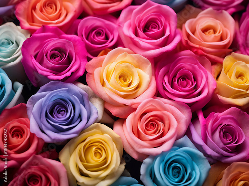 Close-up of a beautiful bouquet of colorful rose buds displaying vibrant petals