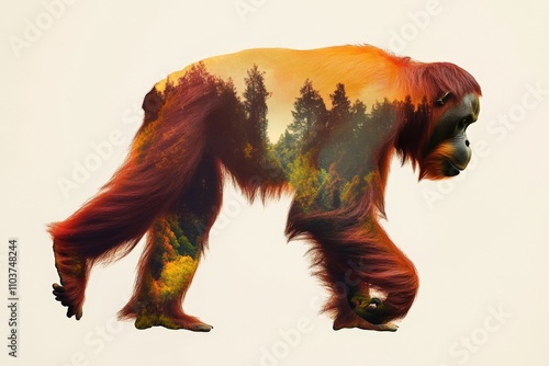 Majestic Orangutan Silhouette with Forest Landscape: Nature-Inspired Wildlife Art for Eco-Conscious Design Projects photo