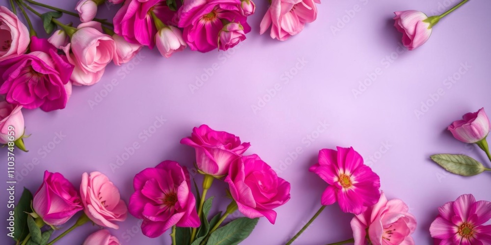Romantic pink and purple flowers arranged in a top view flatlay on a vibrant purple background with space for text, perfect for Women's Day and Mother's Day concepts, purple, pink, romantic Romantic pink and purple flowers arranged in a top view flatlay on a vibrant purple background with space for text, perfect for Women's Day and Mother's Day concepts, purple, pink, romantic