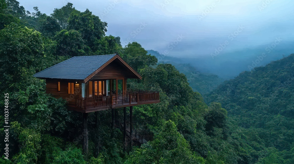 A cozy wooden cabin perched on stilts amidst lush green mountains, surrounded by mist and tranquility, offering a serene escape into nature. A cozy wooden cabin perched on stilts amidst lush green mountains, surrounded by mist and tranquility, offering a serene escape into nature.