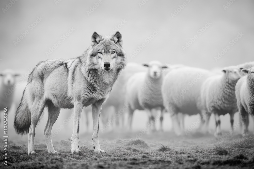 Fototapeta premium Majestic Wolf Stands Guard Among Sheep in Serene Black and White Landscape â€“ A Powerful Symbol of Natureâ€™s Balance and Predatory Instincts