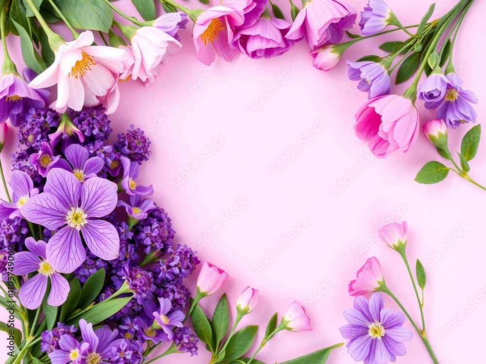 Romantic pink spring flowers with text space on purple background for Mother's Day celebration, birthday, purple, flowers Romantic pink spring flowers with text space on purple background for Mother's Day celebration, birthday, purple, flowers