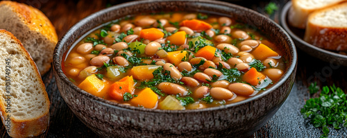 Hearty bean soup with vegetables in a bowl.