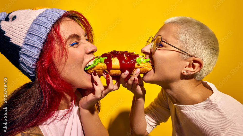 Two women emotional and passionately eating hot dog, biting it from two sides against bright yellow background. Concept of street food, winter fairs, pop art, holiday snacks Two women emotional and passionately eating hot dog, biting it from two sides against bright yellow background. Concept of street food, winter fairs, pop art, holiday snacks