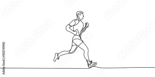 One single line drawing of young happy runner man wearing hoodie exercise to improve stamina vector illustration. Healthy lifestyle and competitive sport concept. Modern continuous line draw design