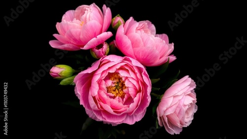 Elegant Pink Peonies Bouquet on Black Background, Perfect for Wall Art, Home Decor, or Greeting Cards