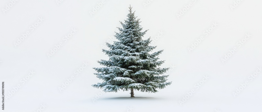 Fototapeta premium Majestic Snow-Covered Evergreen Tree in Serene Winter Landscape - Perfect for Holiday and Nature-Themed Projects