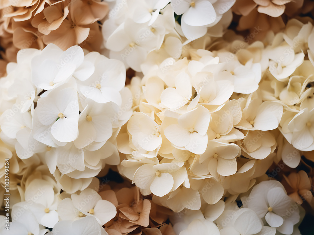 A macro shot of beige and white hydrangea flowers showcasing fine details A macro shot of beige and white hydrangea flowers showcasing fine details