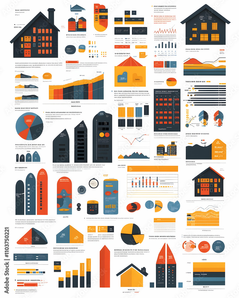 Infographic with various charts and graphs illustrating data related to houses and buildings. Infographic with various charts and graphs illustrating data related to houses and buildings.