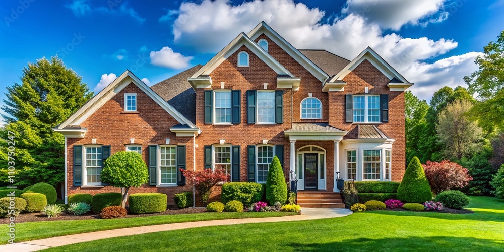 Panoramic View of a Charming Brick Single Family Home in a Suburban Neighborhood of Maryland, Showcasing Architectural Elegance and Lush Green Surroundings Panoramic View of a Charming Brick Single Family Home in a Suburban Neighborhood of Maryland, Showcasing Architectural Elegance and Lush Green Surroundings