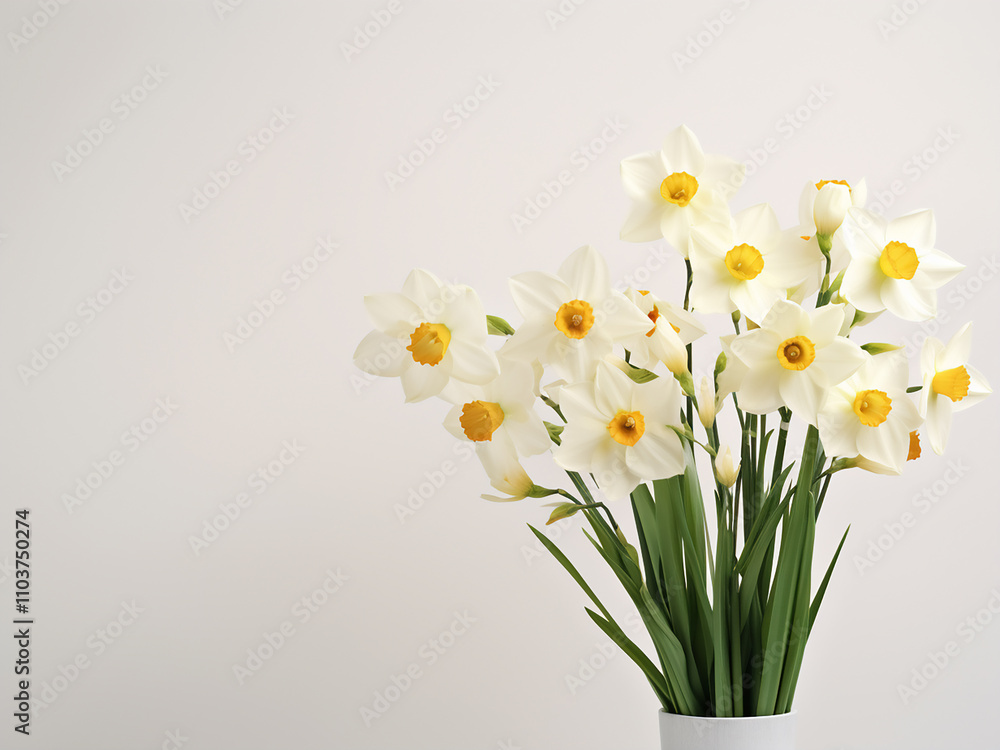 A bouquet of narcissus with green spikelets arranged on a white background with space for text A bouquet of narcissus with green spikelets arranged on a white background with space for text